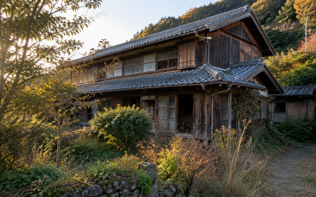 Old wooden Japanese countryside house with tiled roof