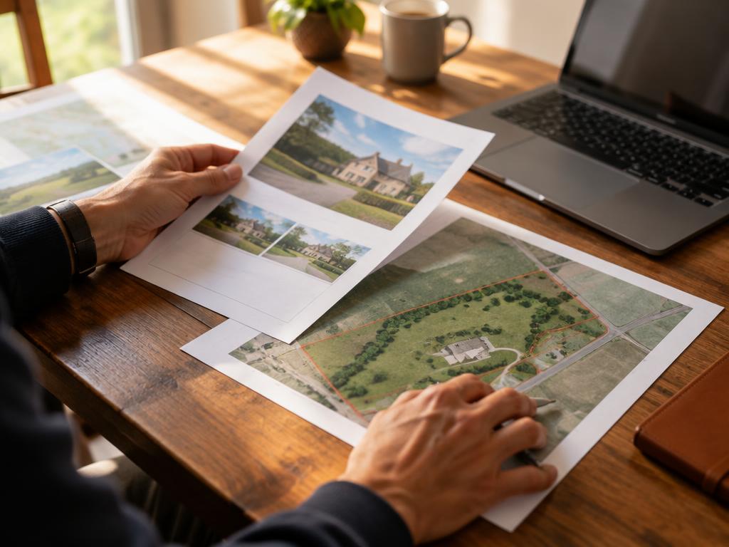 Buyer reviewing property documents and a site map