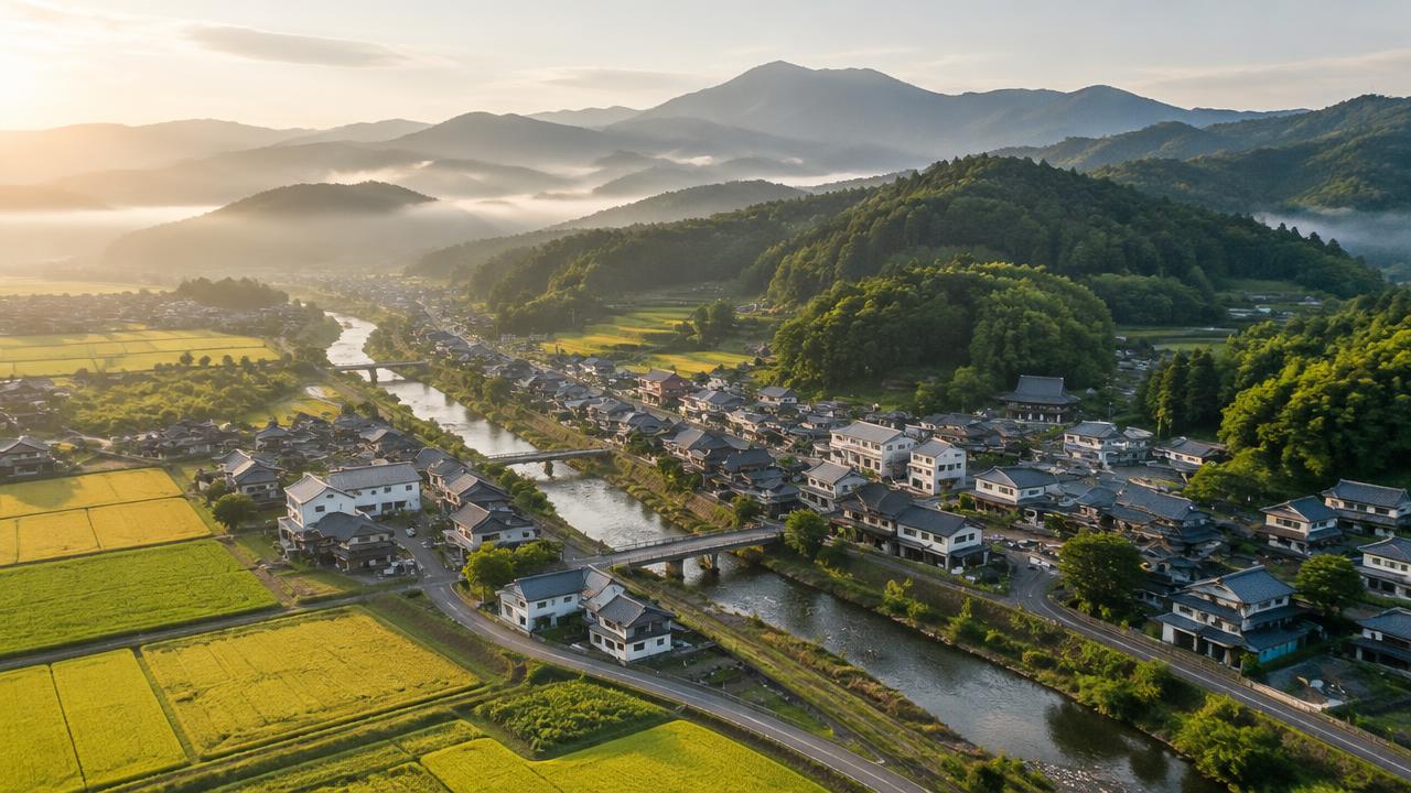 Aerial view of a Japanese countryside town with rice fields and mountains