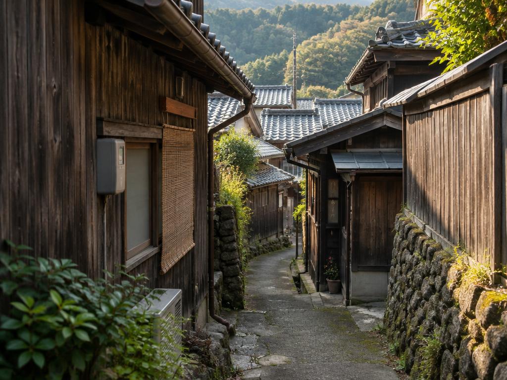 Narrow lane between old wooden houses in a Japanese village